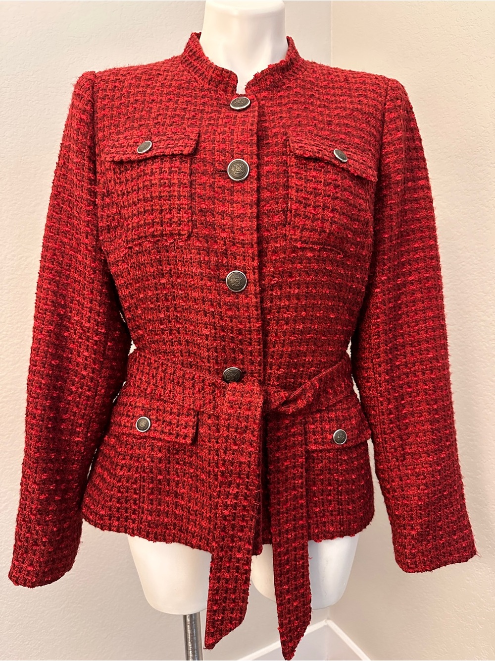 White House Black Market Red Tweed Belted Lady Jacket Blazer